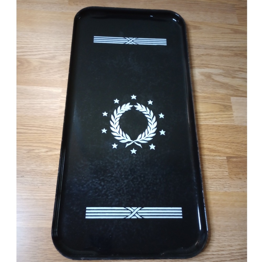Vintage Black Enamel Metal Serving Tray Laurel Wreath Stars Graphic Mid Century